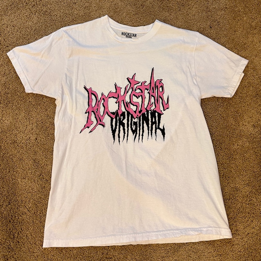 Size L Rockstar Original Hawkey White Graphic Tee Shirt